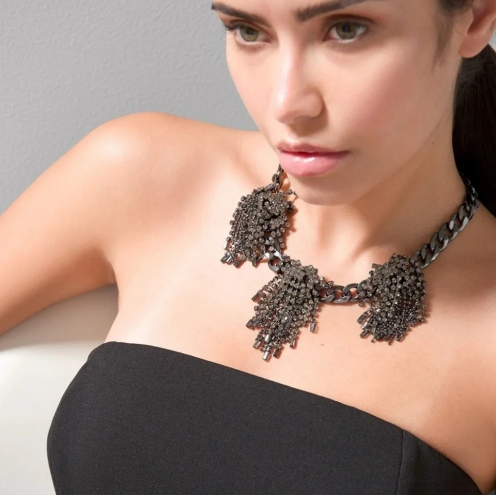 NWT WHBM Hematite Fringe Statement Necklace